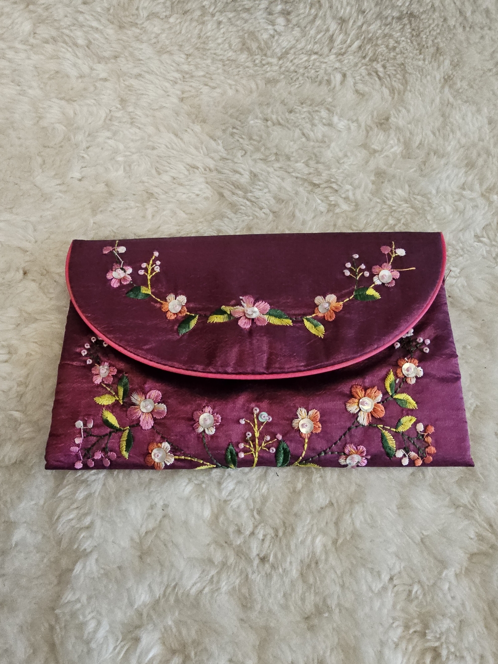 Handmade Embroidered Floral Satin Clutch Purse Evening Bag Burgundy Plum